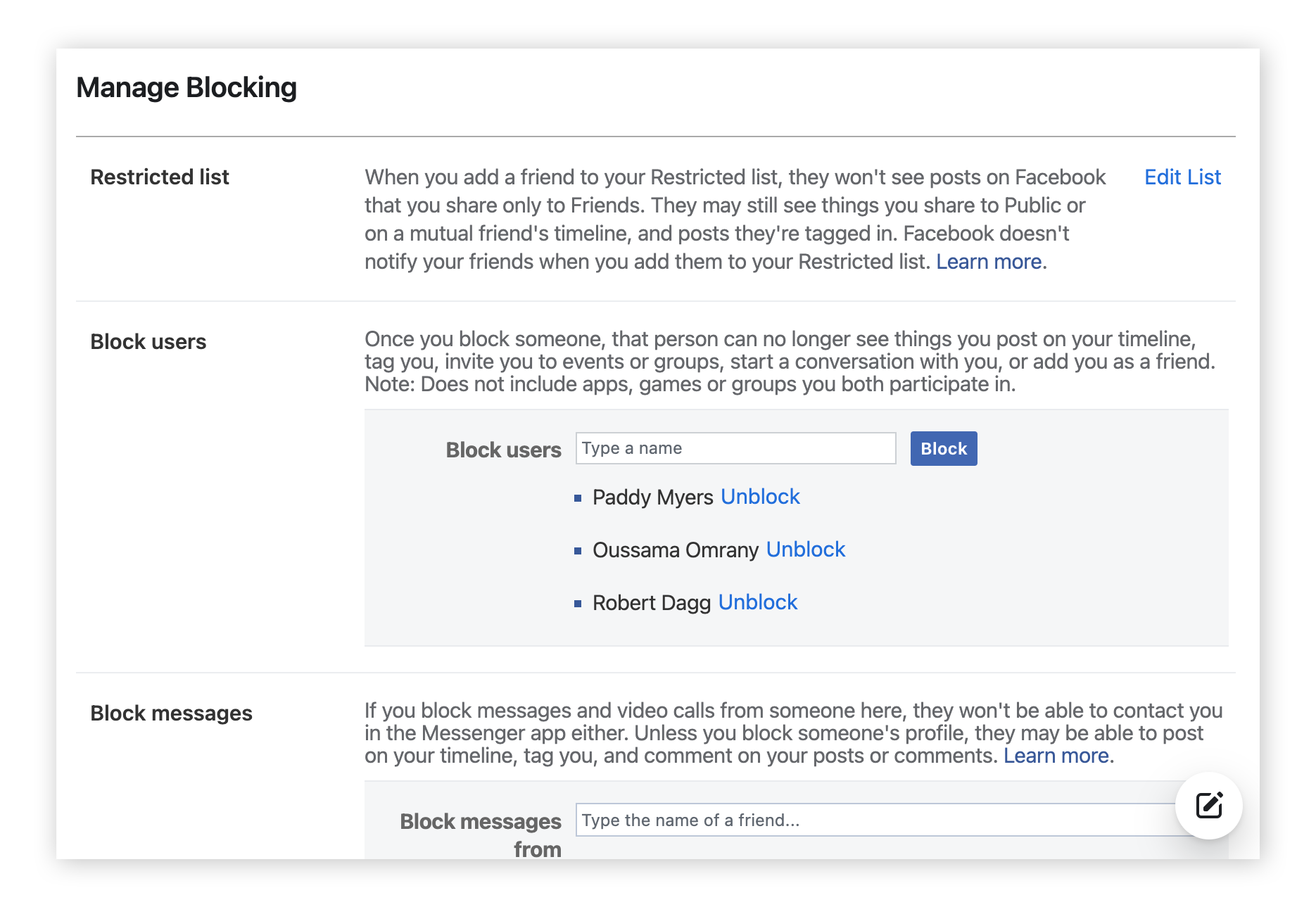 Escolha qual tipo de bloqueio você deseja iniciar no Facebook; um usuário, uma mensagem ou um evento.