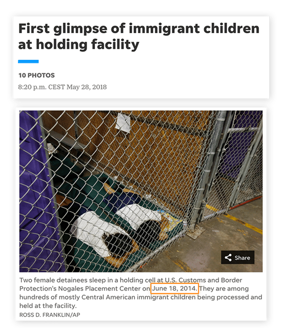 Exemple d’infox démontrant des pratiques journalistiques de mauvaise qualité, qui présente sans contexte des enfants d’immigrants dans des cages.