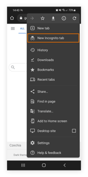 Find the new incognito tab in Google Chrome on Android