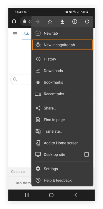 Die Option „Neuer Inkognitotab“ in Google Chrome unter Android.