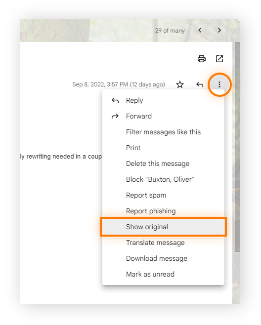 Abra un mensaje de correo electrónico en la bandeja de entrada de Gmail y seleccione Mostrar original para ver los metadatos del mensaje.