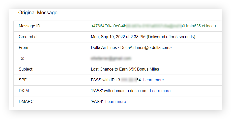 A simplified view of an email's descriptive and administrative metadata in Gmail.