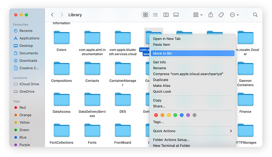 Moving a folder from Mac's Library cache to the Trash (Bin) on macOS Sonoma.