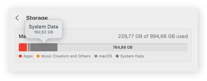 Pestaña de almacenamiento en macOS con gráficos de barras tanto para Datos del sistema como para Otros volúmenes en el contenedor.