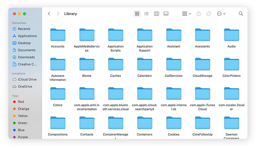 The Library folder on macOS Sierra with folders that fill up the Other storage category.