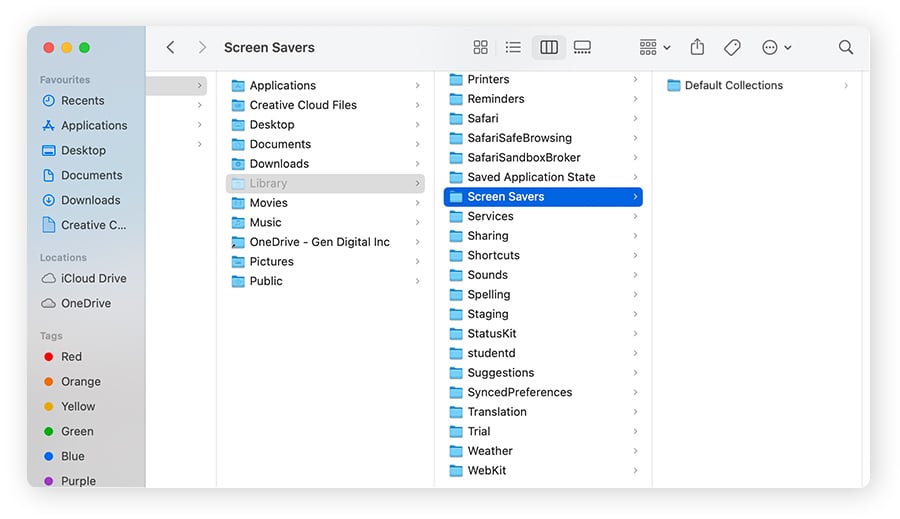 Seleção da pasta Protetores de tela no macOS Sierra para localizar e remover protetores de tela desnecessários.