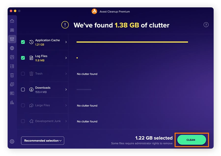 Scanning and removing unneeded files with Avast Cleanup for Mac.