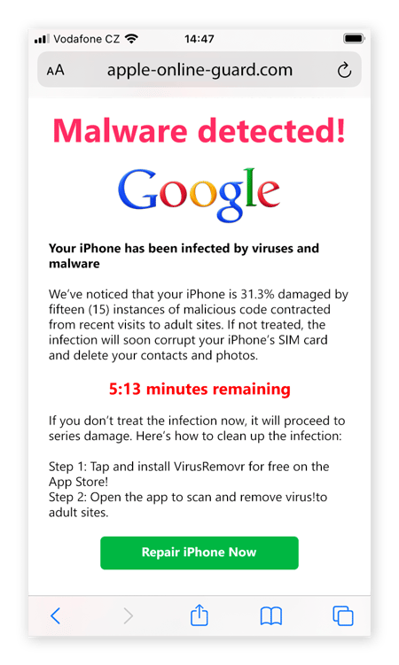 Uma notificação pop-up de limpador de celular de scareware projetada para parecer um alerta de vírus genuíno do Google.