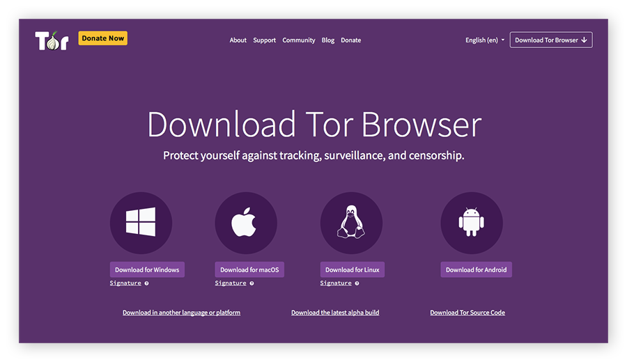 Página de descarga en el sitio web del proyecto Tor