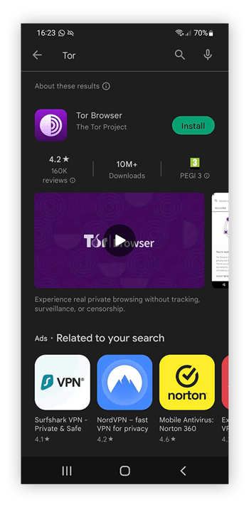 Installation de Tor pour Android à partir du Google Play Store.