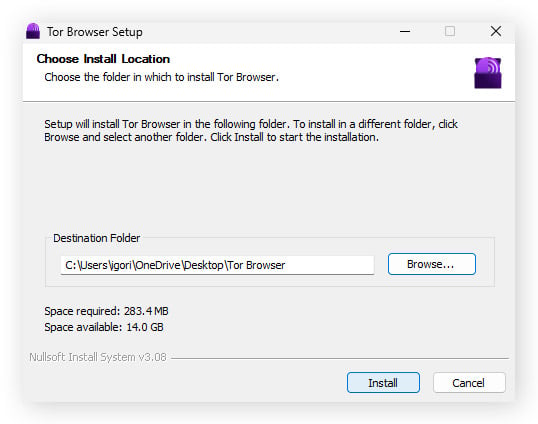 Wahl des Installationsorts für den Tor-Browser unter Windows
