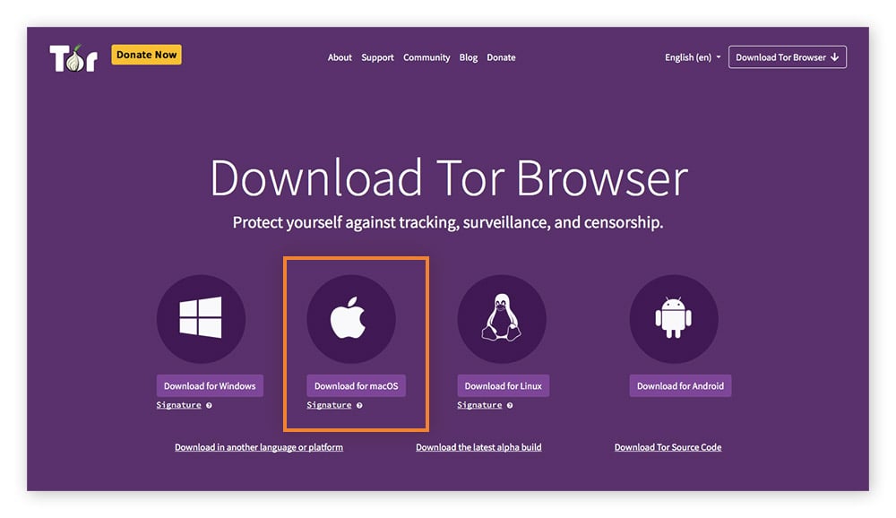  Click the apple icon to download Tor Browser for macOS.