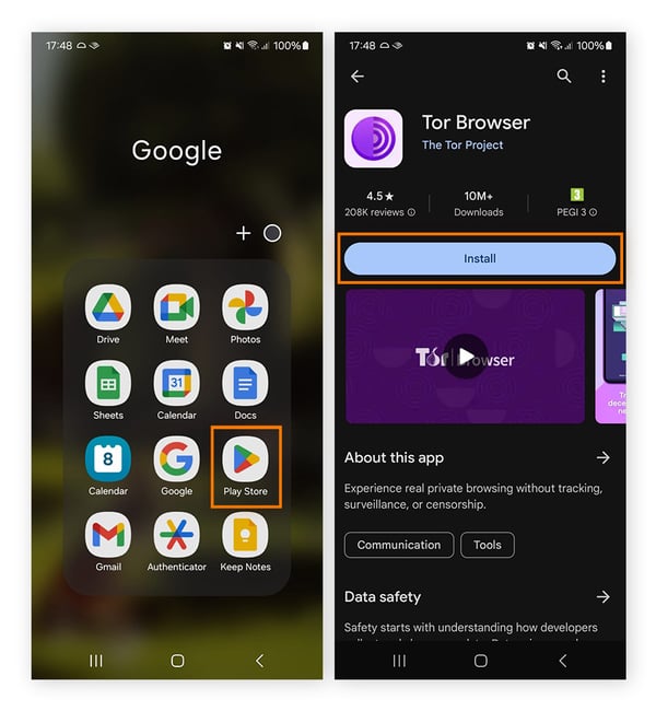  Instalación del navegador Tor para Android a través de Google Play Store.