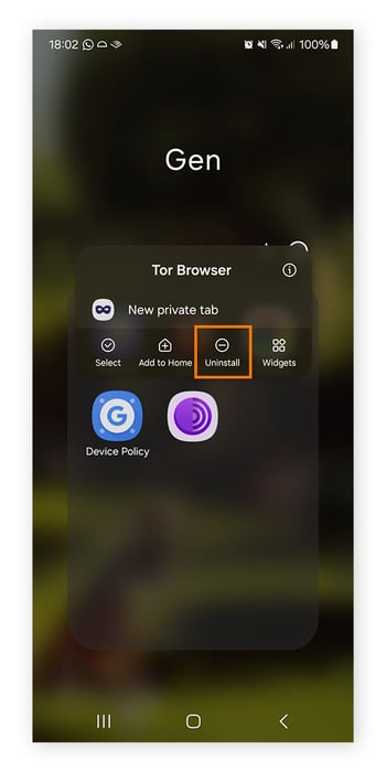 Uninstalling Tor Browser on Android.