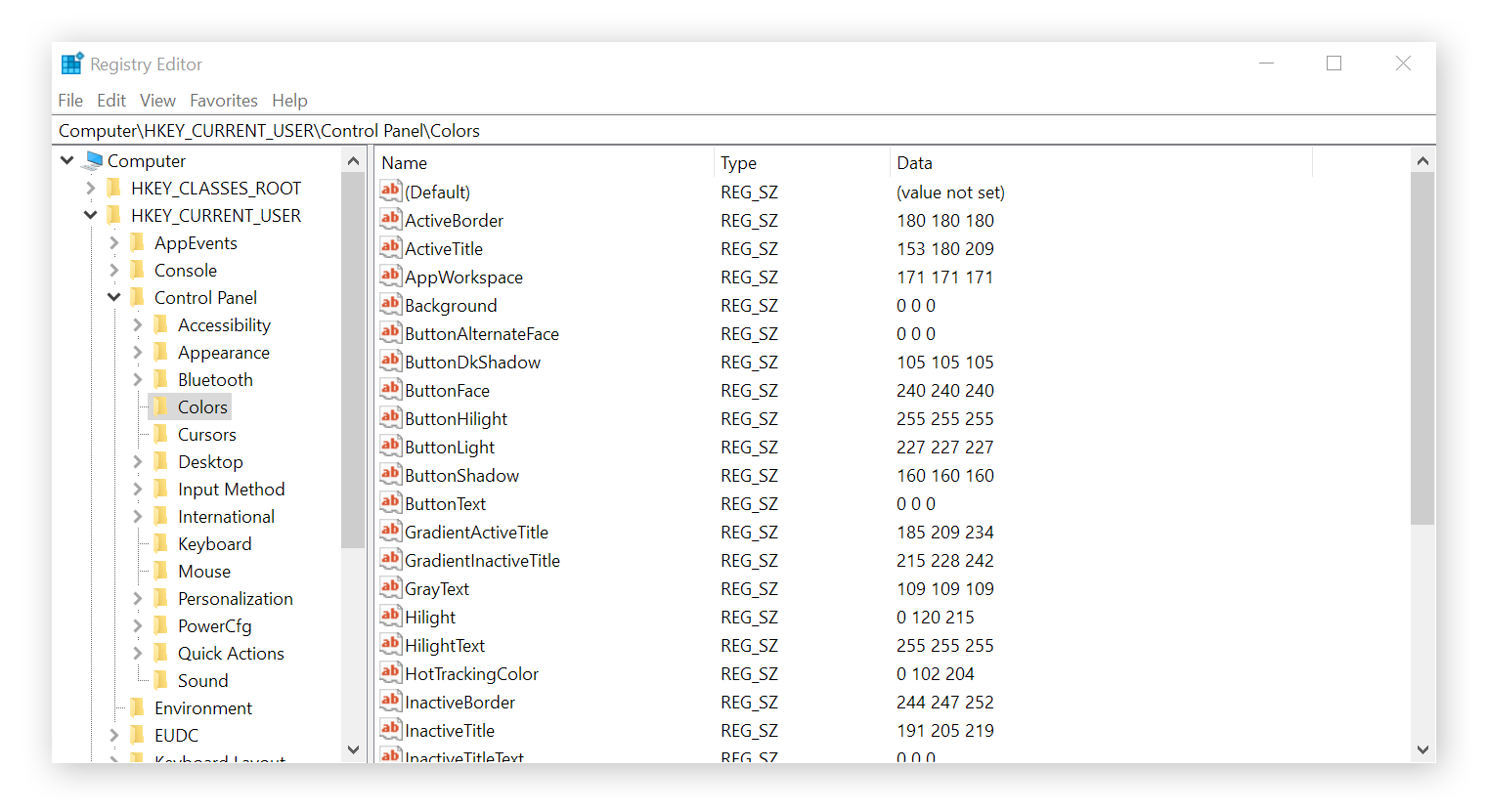 Una captura de pantalla del editor del registro que muestra una variedad de opciones específicas de visualización de colores personalizables, como ButtonText y ButtonShadow.
