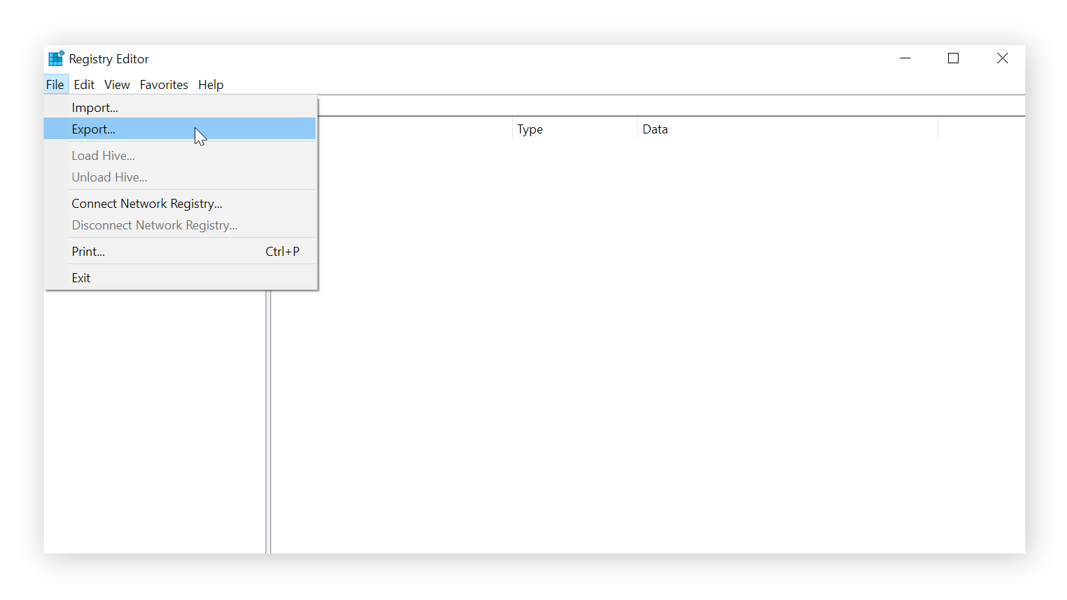 O Editor do Registro está aberto e o usuário clicou em Arquivo. O ponteiro do mouse está sobre o comando “Exportar”.