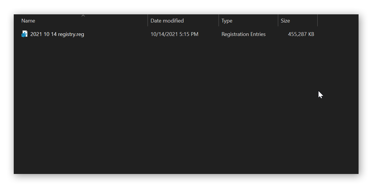 A screenshot of the .reg file saved in a folder in Windows.