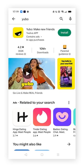 O aplicativo Yubo, também chamado de Tinder para adolescentes, na Google Play Store