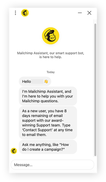 Captura de tela da caixa pop-up do chatbot do Mailchimp que permite digitar uma pergunta e receber respostas automatizadas