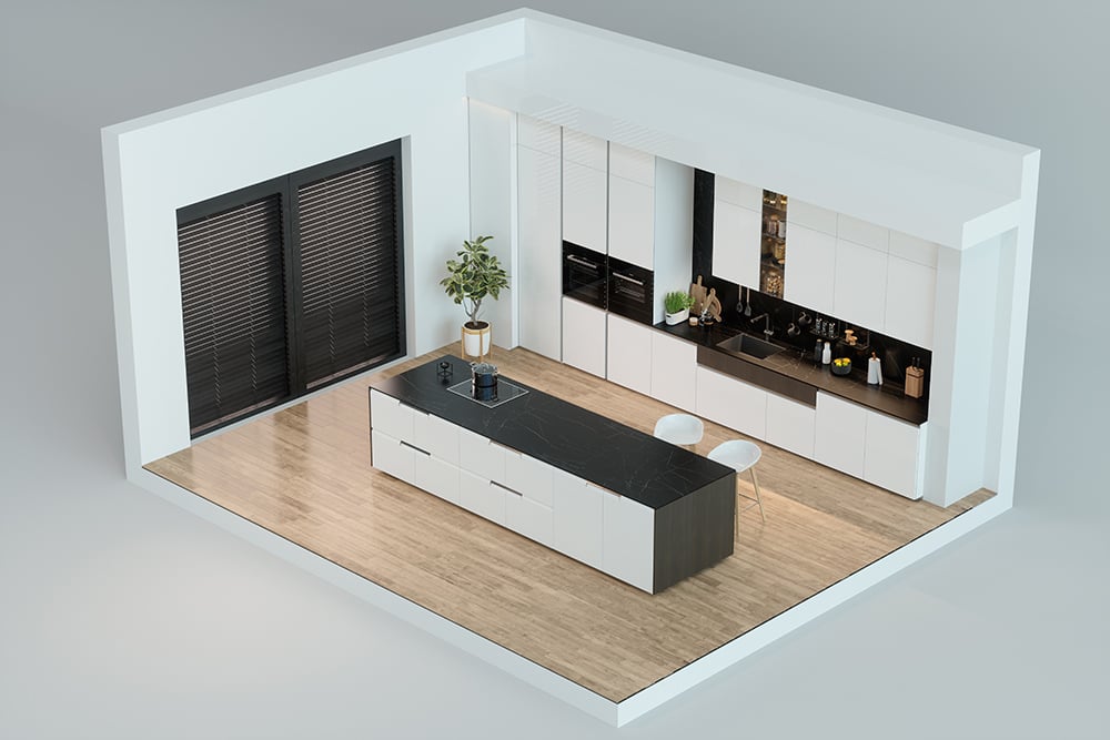 A 3D-rendered kitchen lets viewers imagine what it will look like when built.
