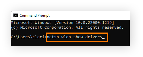 Tela do prompt de comando com o comando “netsh wlan show drivers”