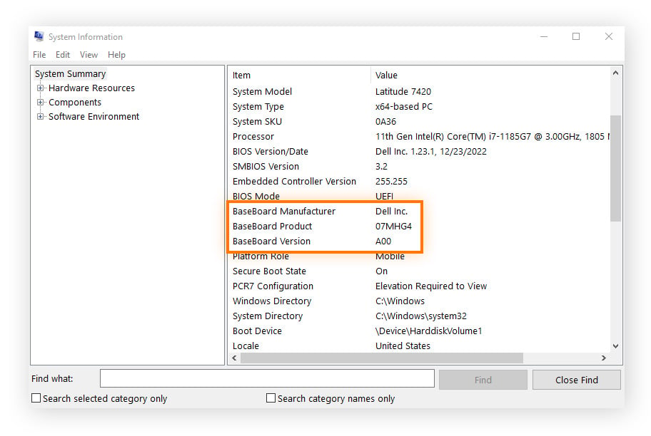  Screenshot of how to locate motherboard information using System Information.