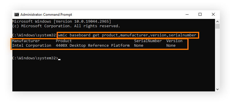 Screenshot of how to locate motherboard information using Command Prompt.