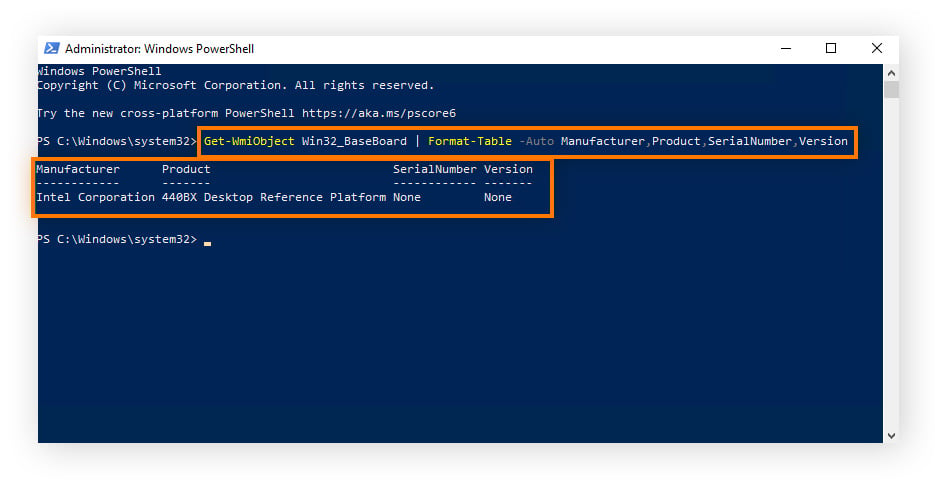 Screenshot of how to locate motherboard information using Windows Powershell.