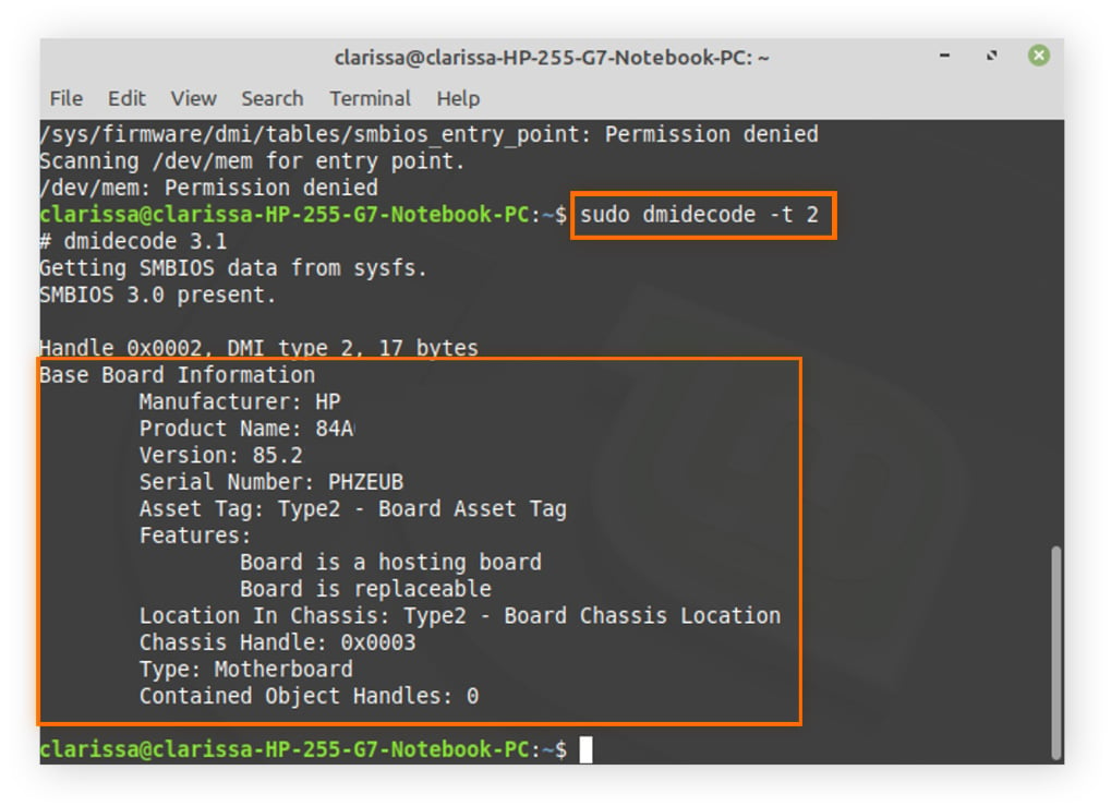  Você pode encontrar as informações da placa-mãe no Linux digitando "sudo dmidecode -t 2" no Terminal e, em seguida, pressionando Enter