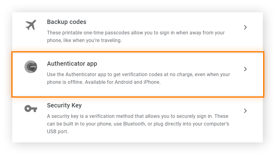 verification options in the 2-step verification section of a Google account