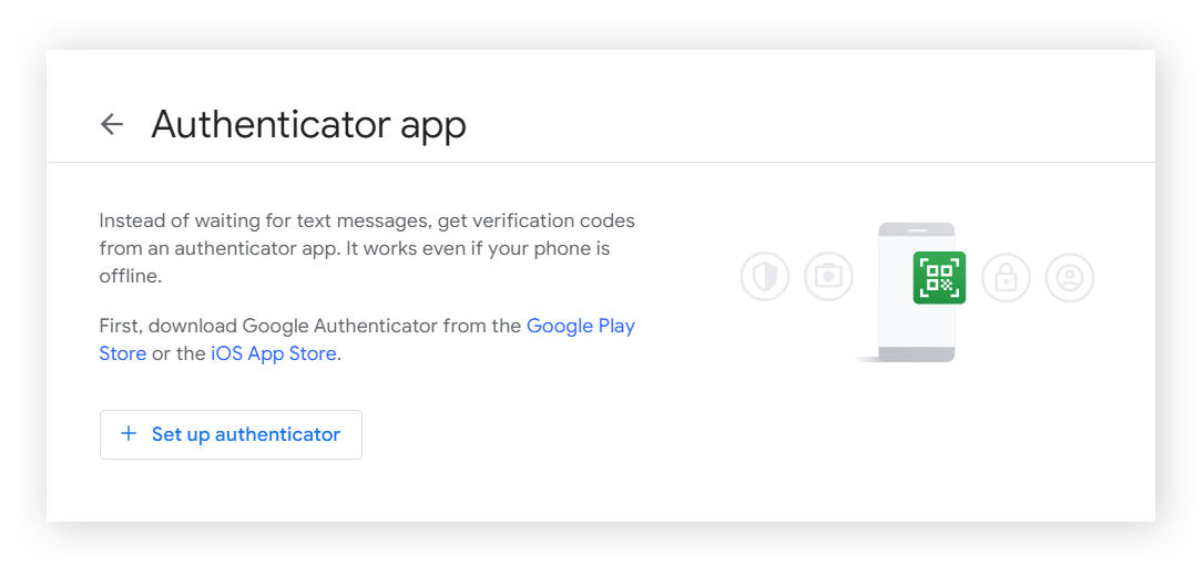 The authenticator app set up screen in a Google account