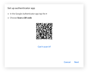 The QR code screen to set up Google Authenticator