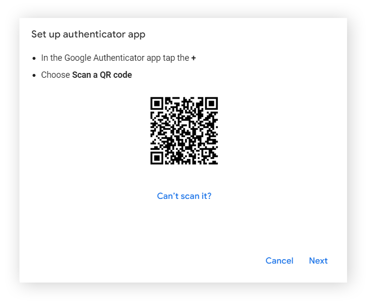 A tela do código QR para configurar o Google Authenticator