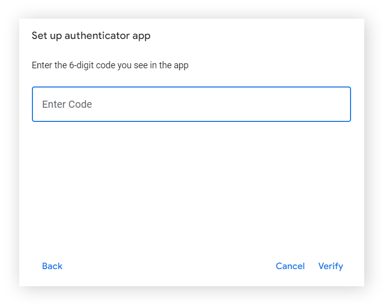 The screen to enter the code from the Google Authenticator app