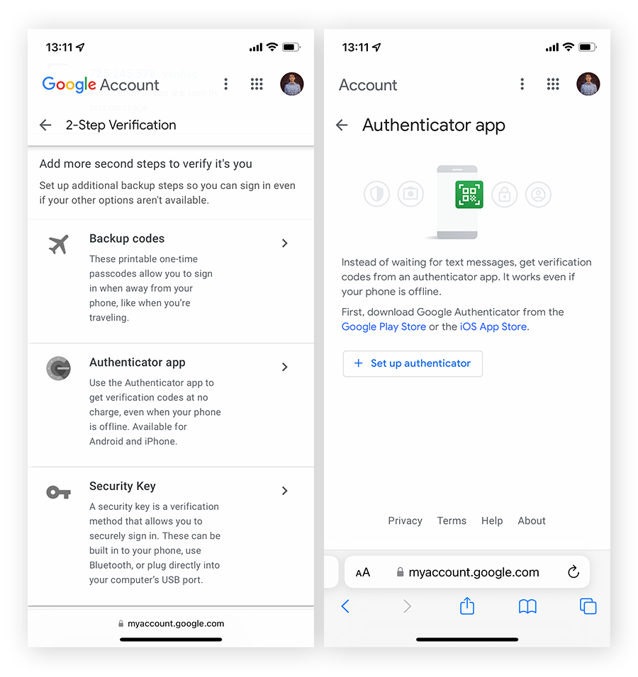 Configuration de l’authentification à deux facteurs pour un compte Google avec Google Authenticator sur iOS.