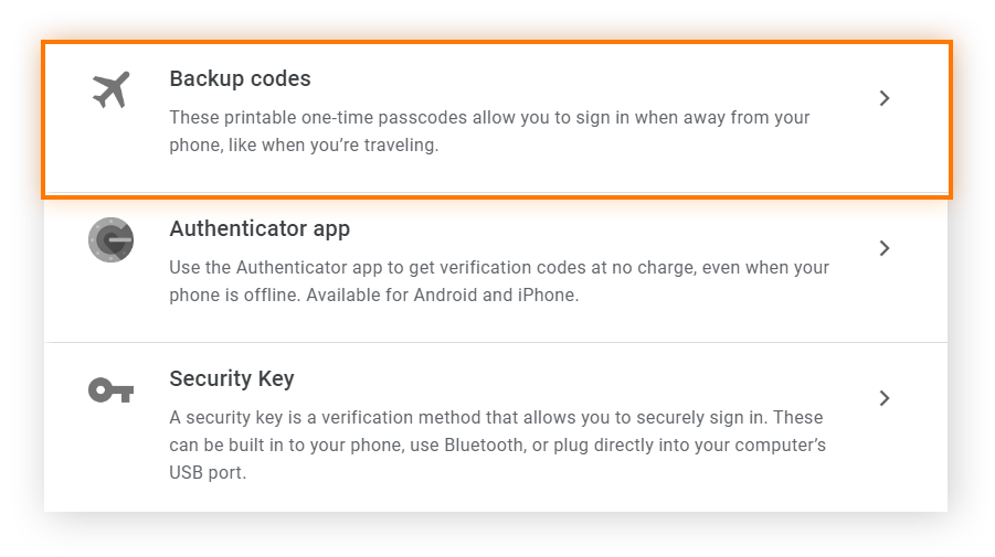 2-step security options in the 2-step verification section of a Google account