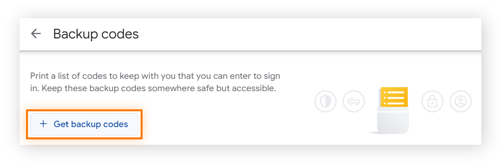 The Backup codes screen under "Backup codes" in the  2-step verification section of a Google Account