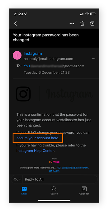 E-mail de modification de mot de passe d’un compte Instagram piraté