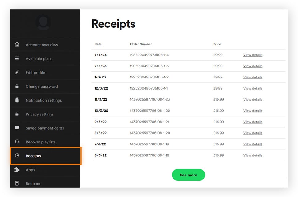How to locate receipts in Spotify’s Account Settings.