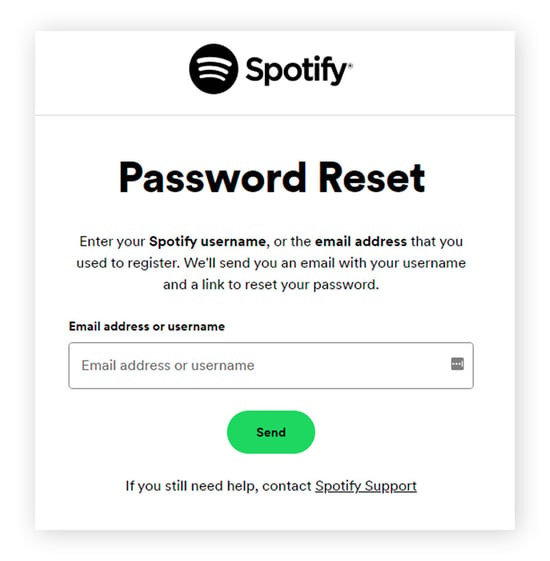 Como solicitar um e-mail de redefinição de senha do Spotify.