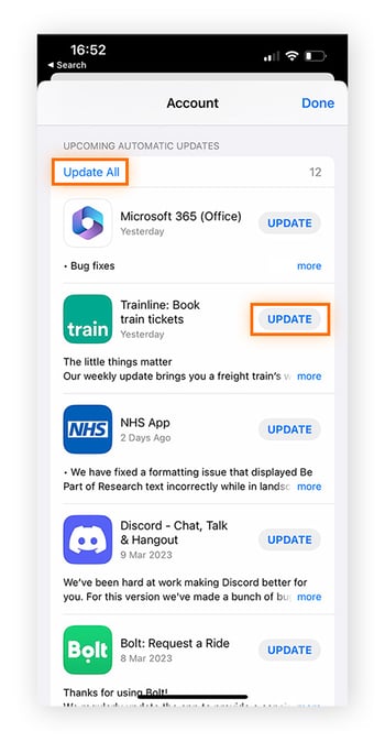 The iPhone app update screen with Update All highlighted and Update highlighted next to an individual app