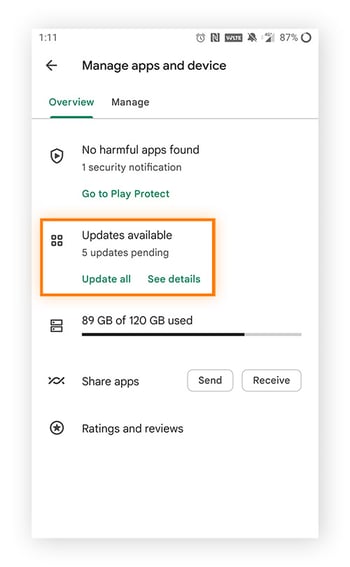  Available app updates are found in Manage Apps and Device