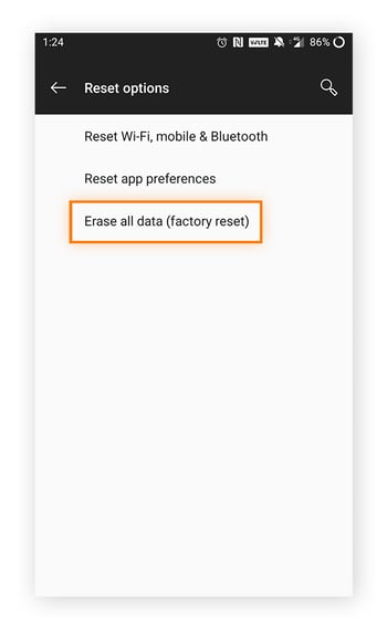 Pulse Borrar todos los datos (restablecimiento de fábrica) para restablecer su dispositivo Android