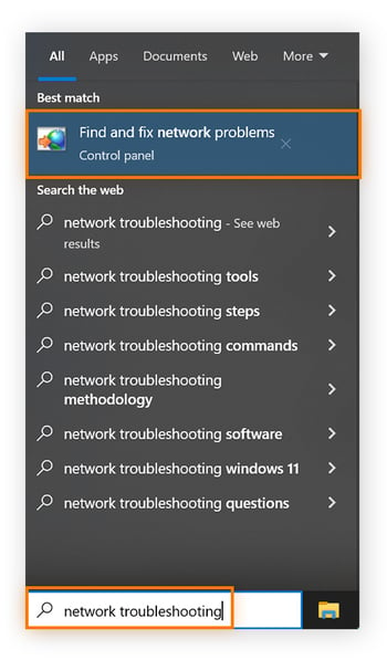  Solução de problemas de rede foi digitado na barra de tarefas e a opção “Localizar e corrigir problemas de rede” é exibida em destaque.