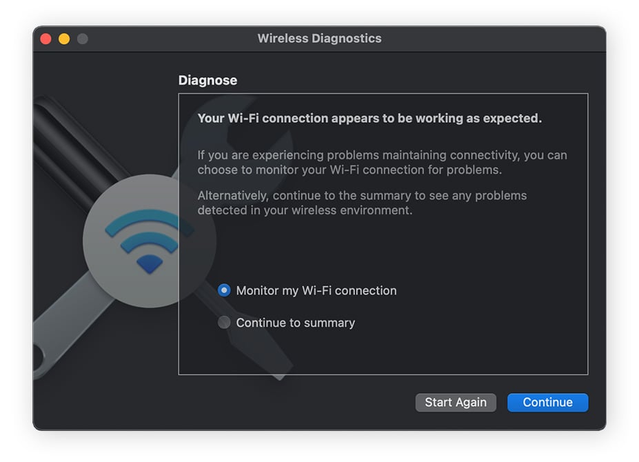 Ouvrez l’outil de diagnostic des liaisons sans fil à partir d’une recherche Spotlight et cliquez sur Continuer.