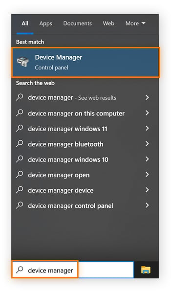 "Device manager" has been typed into the taskbar, and Device Manager is shown and highlighted, ready to be clicked.