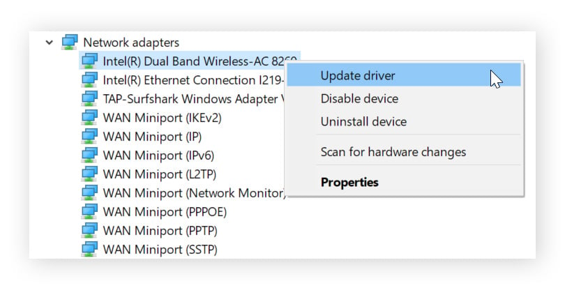 A view of network adapters in device manager. One is right-clicked and the option "Update driver" is shown.