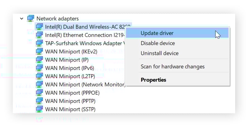 how to fix broadband connection problems A view of network adapters in device manager. One is right-clicked and the option "Update driver" is shown.