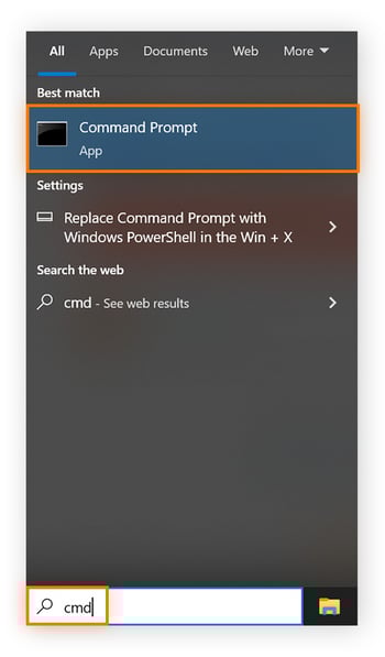 how to fix broadband connection problems "Cmd" has been typed into the taskbar and Command Prompt is shown and highlighted, ready to be clicked.