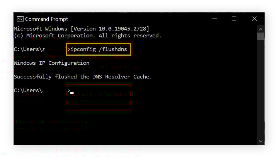 how to fix broadband connection problems Command Prompt is shown, with the input "ipconfig /flushdns" having been entered and the resulting message "Successfully flushed the DNS Resolver Cache" shown.
